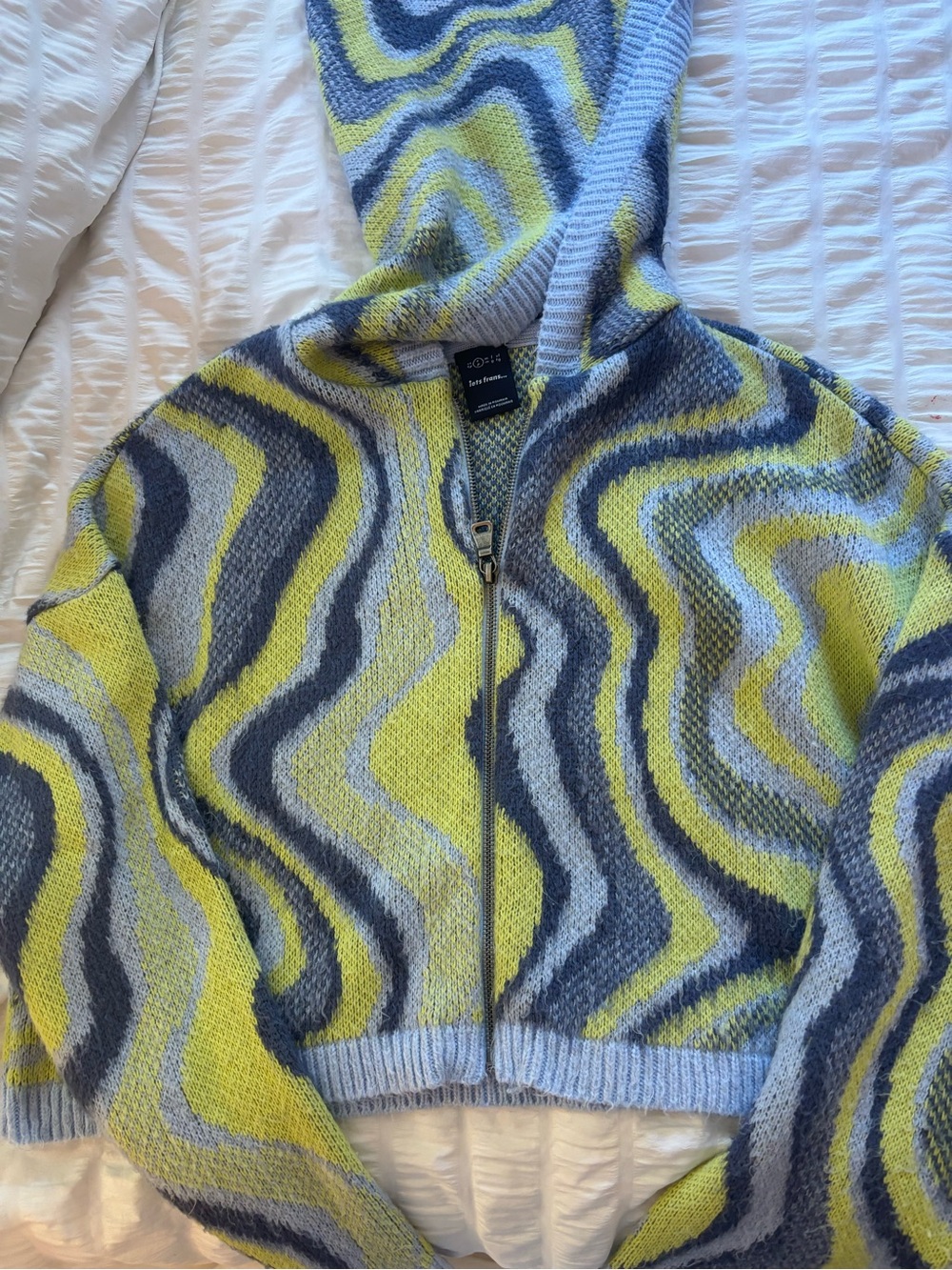 Lets Frans Wave-Print Hooded Zip Sweater - Light Blue & Yellow